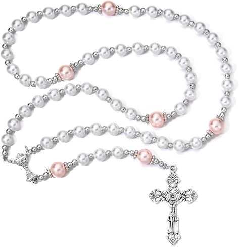 Merroyal First Communion Rosary with Glass Pearl Beads, Ornate Crucifix and Chalice Centerpiece, 18.5 Inches, Gift Box and Satin Bag Included in Kuwait