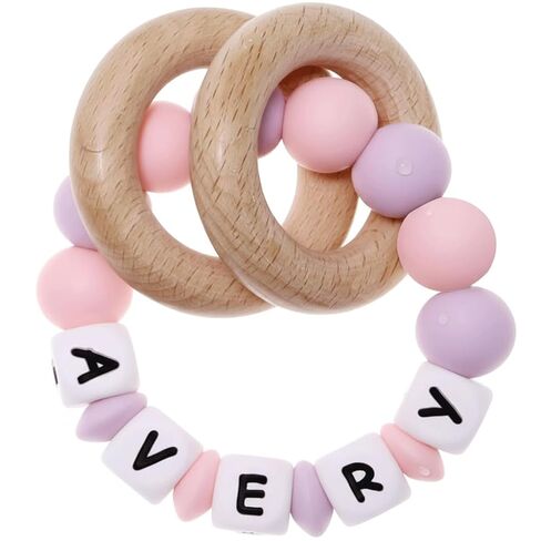Munchewy Presonalized Teether Baby Rattle with Name, Customizable Silicone Sensory Rattle with Natural Organic Beech Wood Rings for Girls Baby Shower Toys - LightPink/Lightpurple in Kuwait