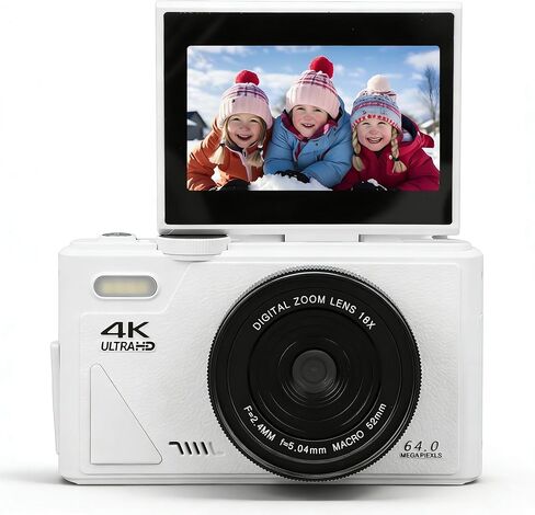 كاميرا رقمية 4K للتصوير الفوتوغرافي، كاميرا فيديو ريترو بتركيز تلقائي 18X مع شاشة قلاب 3 بوصة، كاميرا مدمجة للسفر بدقة 64 ميجابكسل لمدونات الفيديو السيلفي (أسود) in Saudi Arabia
