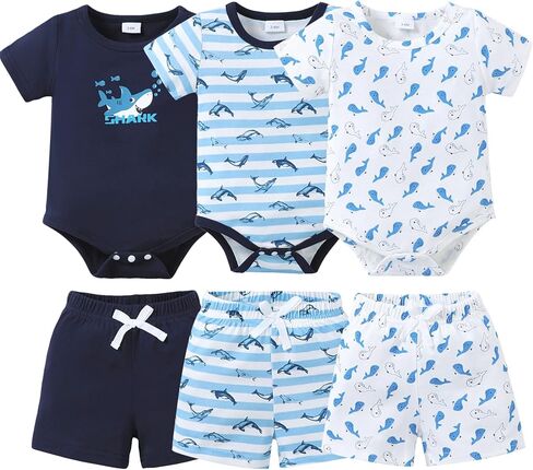 Jecson Newborn Boy Clothes Baby Boy Outfits Summer Set 6-Piece Cotton Short Sleeve Top and Shorts for 0-18M in Kuwait