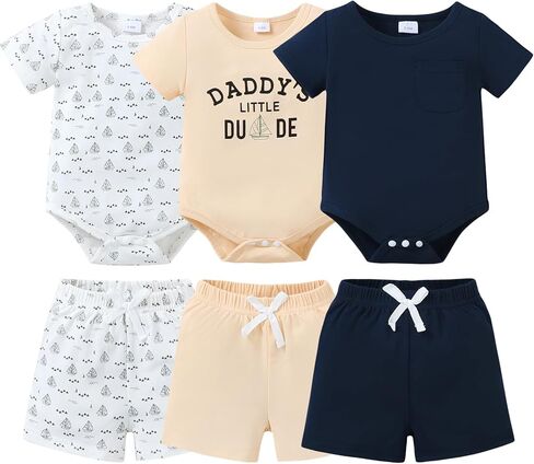 Jecson Newborn Boy Clothes Baby Boy Outfits Summer Set 6-Piece Cotton Short Sleeve Top and Shorts for 0-18M in Kuwait