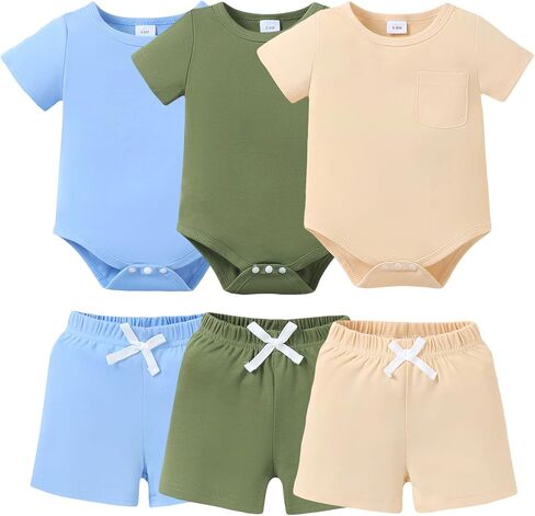 Jecson Newborn Boy Clothes Baby Boy Outfits Summer Set 6-Piece Cotton Short Sleeve Top and Shorts for 0-18M in Kuwait