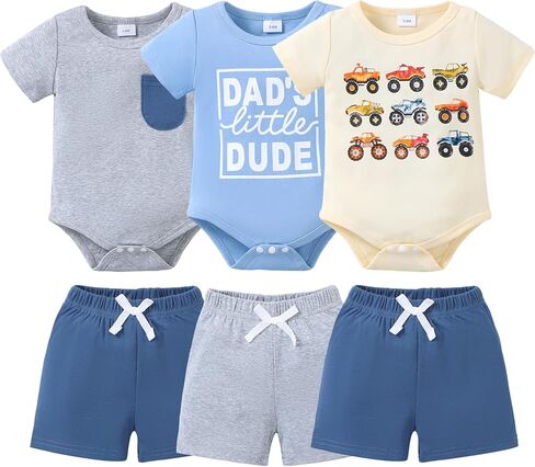 Jecson Newborn Boy Clothes Baby Boy Outfits Summer Set 6-Piece Cotton Short Sleeve Top and Shorts for 0-18M in Kuwait