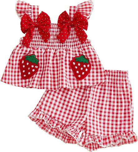 Mubineo Toddler Baby Girl Summer Clothes Cute Ruffle Shirt Tops Dress Shorts Outfits Set Fruit Blouse Princess Outfit in Kuwait