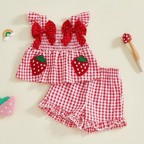 Mubineo Toddler Baby Girl Summer Clothes Cute Ruffle Shirt Tops Dress Shorts Outfits Set Fruit Blouse Princess Outfit in Kuwait