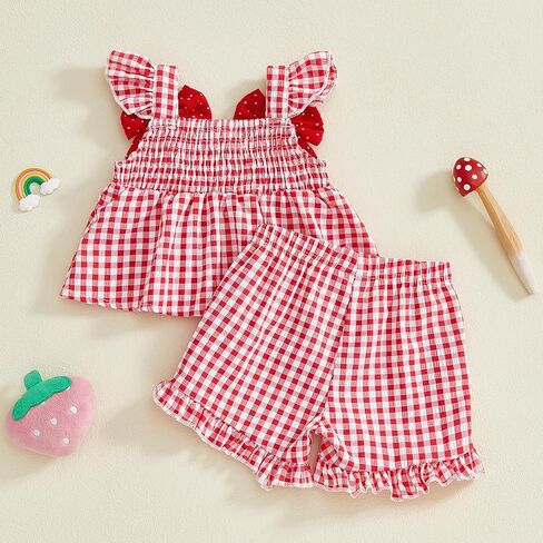 Mubineo Toddler Baby Girl Summer Clothes Cute Ruffle Shirt Tops Dress Shorts Outfits Set Fruit Blouse Princess Outfit in Kuwait