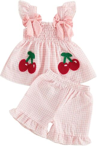 Mubineo Toddler Baby Girl Summer Clothes Cute Ruffle Shirt Tops Dress Shorts Outfits Set Fruit Blouse Princess Outfit in Kuwait