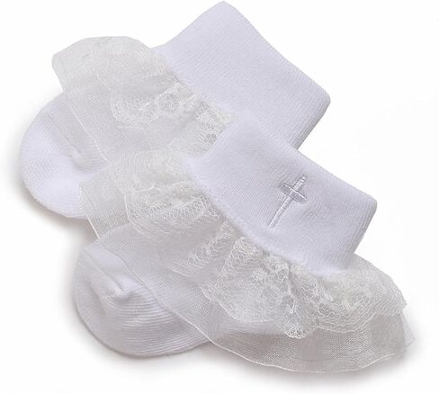 Baptism Socks for Baby Girls,White Cotton Christening Socks with Cross & Lace Ruffle Trim for Newborn & Infants in Saudi Arabia