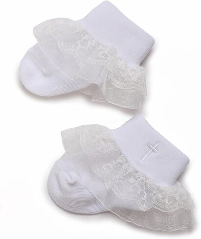 Baptism Socks for Baby Girls,White Cotton Christening Socks with Cross & Lace Ruffle Trim for Newborn & Infants in Saudi Arabia