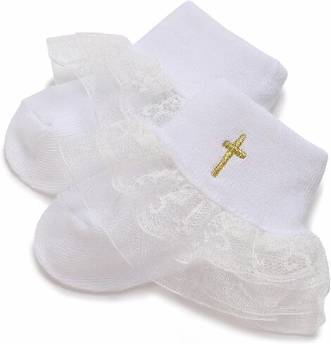 Baptism Socks for Baby Girls,White Cotton Christening Socks with Cross & Lace Ruffle Trim for Newborn & Infants in Kuwait