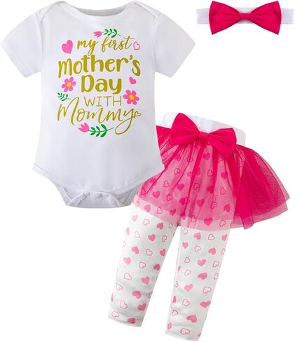 LATOBREATH Baby Girls My 1st Mother's Day Skirt Set Heart print Romper with Headband in Kuwait