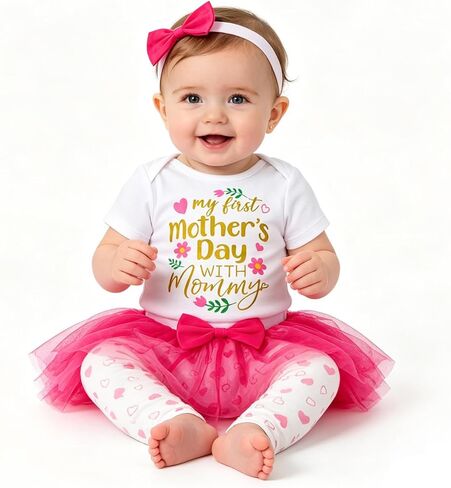 LATOBREATH Baby Girls My 1st Mother's Day Skirt Set Heart print Romper with Headband in Kuwait