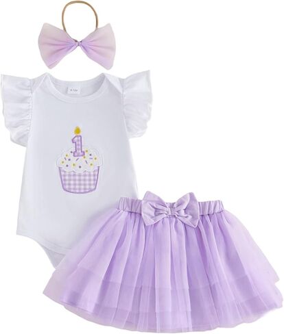Infant Baby Girl First Birthday Outfit 1 Cake Short Sleeve Romper Bodysuit Mesh Tutu Skirt Headband Set in Kuwait