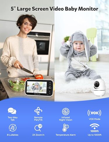 جهاز مراقبة الأطفال GoodBaby مقاس 5 بوصات مع كاميرا وصوت، لا توجد كاميرا WiFi آمنة، بطارية 30 ساعة، PTZ عن بعد، رؤية ليلية تلقائية، درجة حرارة الغرفة، صوت ثنائي الاتجاه، تهويدات، نطاق 960 قدمًا in Kuwait