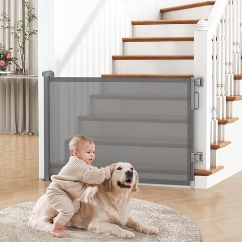 Retractable Baby Gate for Stairs, 55" Wide Mesh Dog Gate Indoor, 34" Tall Child Gate for Doorways, Hallways, Deck, Indoor Outdoor Pet Baby Safety Essentials for Home, Grey in Kuwait