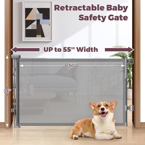 Retractable Baby Gate for Stairs, 55" Wide Mesh Dog Gate Indoor, 34" Tall Child Gate for Doorways, Hallways, Deck, Indoor Outdoor Pet Baby Safety Essentials for Home, Grey in Kuwait