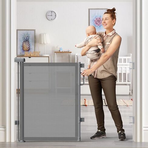 Retractable Baby Gate for Stairs, 55" Wide Mesh Dog Gate Indoor, 34" Tall Child Gate for Doorways, Hallways, Deck, Indoor Outdoor Pet Baby Safety Essentials for Home, Grey in Kuwait
