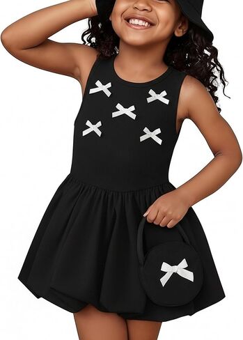 Renotemy Infant Toddler Girl Summer Dress Sleeveless Bow Bubble Sundress Formal Party Dresses Clothes Outfit with Hat and Bag in Saudi Arabia