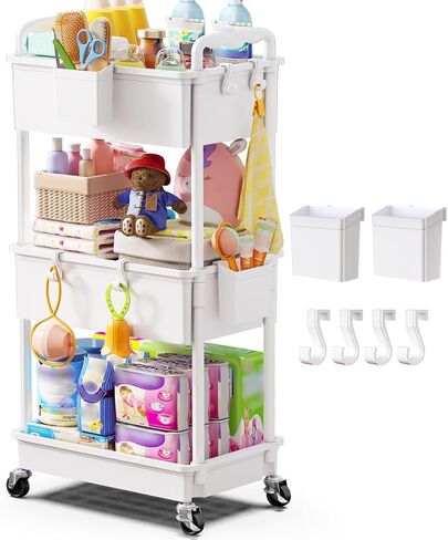 Goovilla Diaper Cart with Lockable Wheels and Easy Assembly, 3 Tier White Rolling Cart for Baby Nursery Storage, Sturdy Ample Diaper Caddy Organizer for Baby Girl, Boy, New Mom, Newborn Essentials in Kuwait