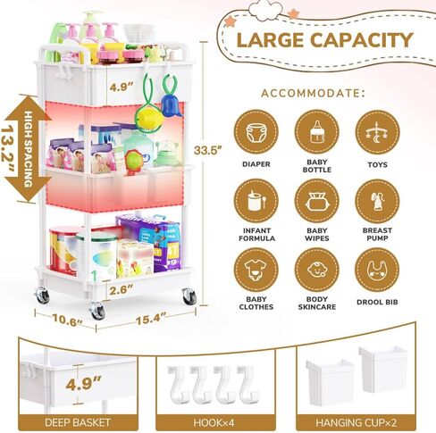 Goovilla Diaper Cart with Lockable Wheels and Easy Assembly, 3 Tier White Rolling Cart for Baby Nursery Storage, Sturdy Ample Diaper Caddy Organizer for Baby Girl, Boy, New Mom, Newborn Essentials in Kuwait