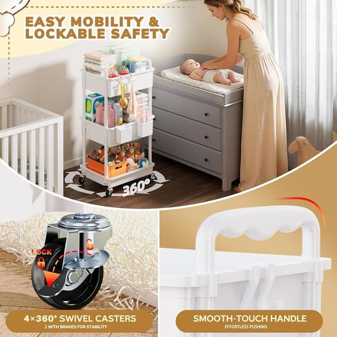 Goovilla Diaper Cart with Lockable Wheels and Easy Assembly, 3 Tier White Rolling Cart for Baby Nursery Storage, Sturdy Ample Diaper Caddy Organizer for Baby Girl, Boy, New Mom, Newborn Essentials in Kuwait