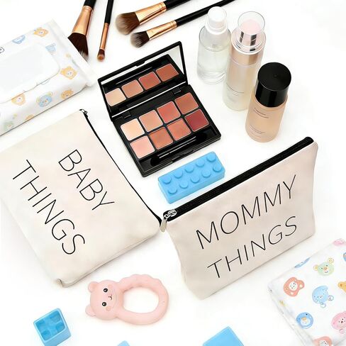 Mommy and Baby Canvas Pouch Set – 2pcs Zipper Organizer Bags for Diaper Bag, Travel, Hospital or Nursery Essentials, New Mom Gifts, Baby Shower Gifts for Mom to Be in Kuwait