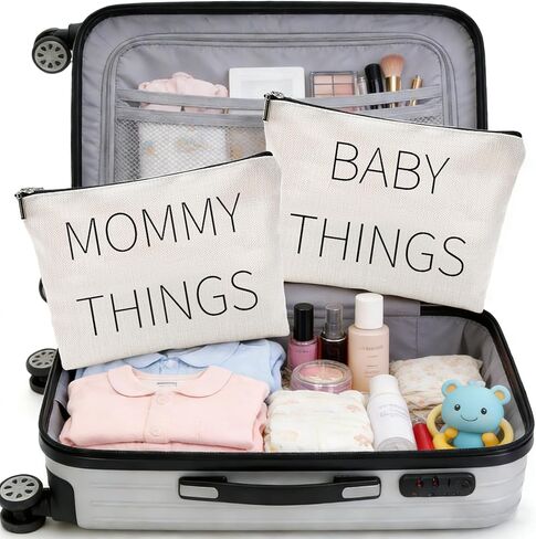Mommy and Baby Canvas Pouch Set – 2pcs Zipper Organizer Bags for Diaper Bag, Travel, Hospital or Nursery Essentials, New Mom Gifts, Baby Shower Gifts for Mom to Be in Kuwait