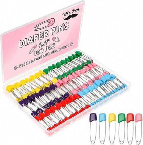Mr. Pen- Diaper Pins, 2.2", 100 pcs, Stainless Steel, Plastic Head, Nappy Pins with Safe Locking Closures for Crafts, Colorful Laundry Pins in Kuwait