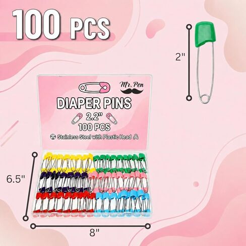 Mr. Pen- Diaper Pins, 2.2", 100 pcs, Stainless Steel, Plastic Head, Nappy Pins with Safe Locking Closures for Crafts, Colorful Laundry Pins in Kuwait