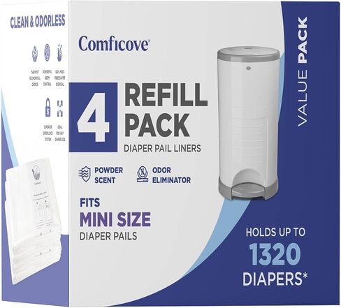 عبوات Comficove المتوافقة مع دلاء الحفاضات DEKOR MINI | 4 عبوات | بطانات إعادة تعبئة سطل الحفاضات السميكة للغاية | رائحة منعشة | من السهل استبدال حقيبة الحفاضات والتخلص منها | التخلص من حفاضات الأطفال عديمة الرائحة in Kuwait