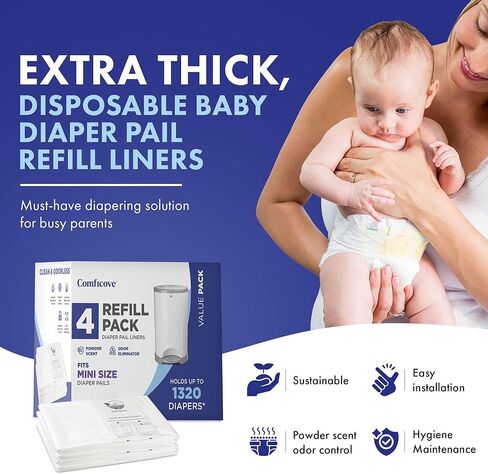 عبوات Comficove المتوافقة مع دلاء الحفاضات DEKOR MINI | 4 عبوات | بطانات إعادة تعبئة سطل الحفاضات السميكة للغاية | رائحة منعشة | من السهل استبدال حقيبة الحفاضات والتخلص منها | التخلص من حفاضات الأطفال عديمة الرائحة in Kuwait