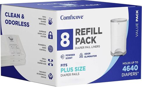 عبوات Comficove المتوافقة مع دلاء الحفاضات DEKOR MINI | 4 عبوات | بطانات إعادة تعبئة سطل الحفاضات السميكة للغاية | رائحة منعشة | من السهل استبدال حقيبة الحفاضات والتخلص منها | التخلص من حفاضات الأطفال عديمة الرائحة in Kuwait
