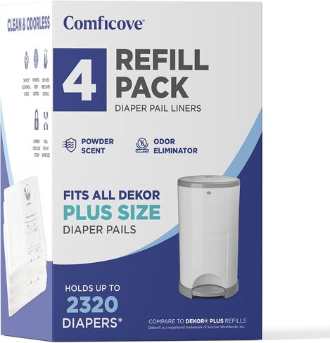 عبوات Comficove المتوافقة مع دلاء الحفاضات DEKOR MINI | 4 عبوات | بطانات إعادة تعبئة سطل الحفاضات السميكة للغاية | رائحة منعشة | من السهل استبدال حقيبة الحفاضات والتخلص منها | التخلص من حفاضات الأطفال عديمة الرائحة in Kuwait