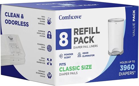 عبوات Comficove المتوافقة مع دلاء الحفاضات DEKOR MINI | 4 عبوات | بطانات إعادة تعبئة سطل الحفاضات السميكة للغاية | رائحة منعشة | من السهل استبدال حقيبة الحفاضات والتخلص منها | التخلص من حفاضات الأطفال عديمة الرائحة in Kuwait