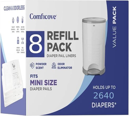 عبوات Comficove المتوافقة مع دلاء الحفاضات DEKOR MINI | 4 عبوات | بطانات إعادة تعبئة سطل الحفاضات السميكة للغاية | رائحة منعشة | من السهل استبدال حقيبة الحفاضات والتخلص منها | التخلص من حفاضات الأطفال عديمة الرائحة in Kuwait