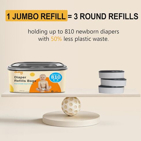 Jumbo Square Refill Compatible with Diaper Genie Classic/Compact/Select Pails,Odor Control & Durable,Holds Up to 810 Newborn Diapers,Unscented Disposal Bag Refills with Continuous Film（3 pack） in Kuwait