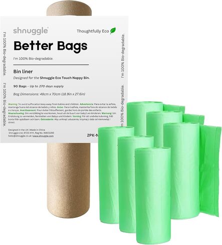 بطانات سطل الحفاضات بيتر باج من Shnuggle - عدد 90 (6 عبوات من 15 قطعة) - أكياس إعادة تعبئة نباتية - متوافقة مع سطل Shnuggle Eco-Touch in Kuwait
