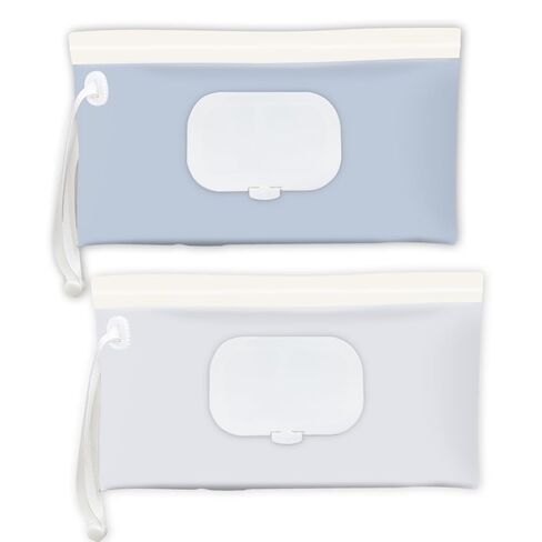 Baby Wipes Holder 2 Pack, Wipes Container & Wet Wipes Dispenser, Travel Wipes Case Reusable Wipes Pouch, Portable Wipe Holder for Diaper Bag, Blue & Beige in Kuwait