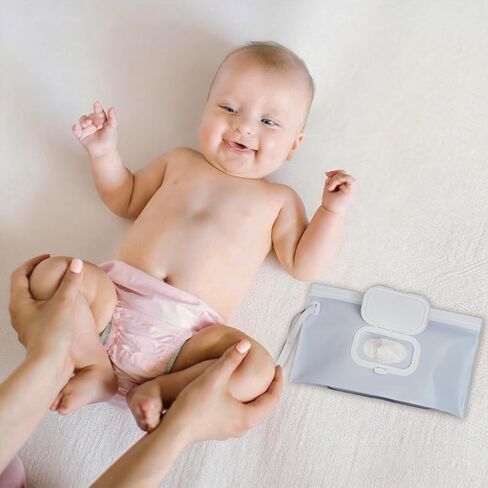 Baby Wipes Holder 2 Pack, Wipes Container & Wet Wipes Dispenser, Travel Wipes Case Reusable Wipes Pouch, Portable Wipe Holder for Diaper Bag, Blue & Beige in Kuwait