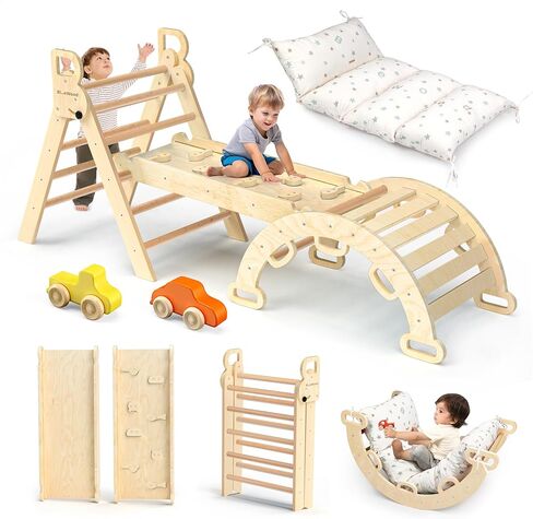 BlueWood Pikler Triangle Set with Cushion, 8-in-1 Climbing Toys for Toddlers, Montessori Philosophy Play Jungle Gym with Arch, Ramp, Ladder(Sunshine Rainbow) in Kuwait