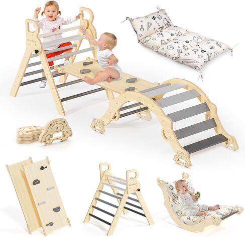 BlueWood Pikler Triangle Set with Cushion, 8-in-1 Climbing Toys for Toddlers, Montessori Philosophy Play Jungle Gym with Arch, Ramp, Ladder(Sunshine Rainbow) in Saudi Arabia