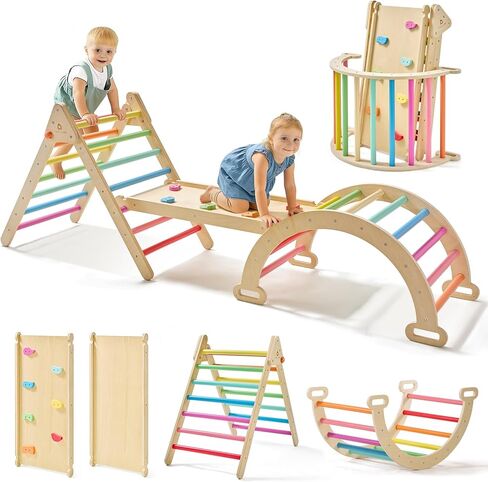 Tiny Land Pikler Triangle Set, 7-in-1 Foldable Pikler Triangle Climbing Toys Set for Kids,Baby Indoor Playground Jungle Gym, Wooden Montessori Climbing Set for Toddler (Rainbow) in Saudi Arabia