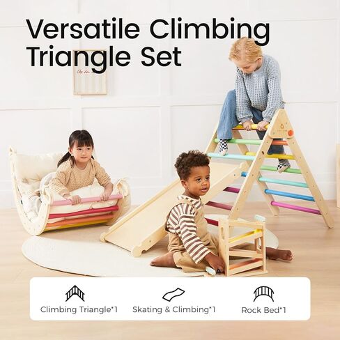 Tiny Land Pikler Triangle Set, 7-in-1 Foldable Pikler Triangle Climbing Toys Set for Kids,Baby Indoor Playground Jungle Gym, Wooden Montessori Climbing Set for Toddler (Rainbow) in Saudi Arabia