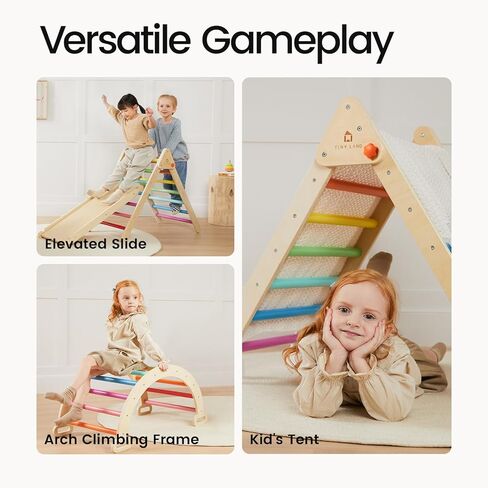 Tiny Land Pikler Triangle Set, 7-in-1 Foldable Pikler Triangle Climbing Toys Set for Kids,Baby Indoor Playground Jungle Gym, Wooden Montessori Climbing Set for Toddler (Rainbow) in Saudi Arabia