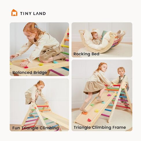 Tiny Land Pikler Triangle Set, 7-in-1 Foldable Pikler Triangle Climbing Toys Set for Kids,Baby Indoor Playground Jungle Gym, Wooden Montessori Climbing Set for Toddler (Rainbow) in Saudi Arabia