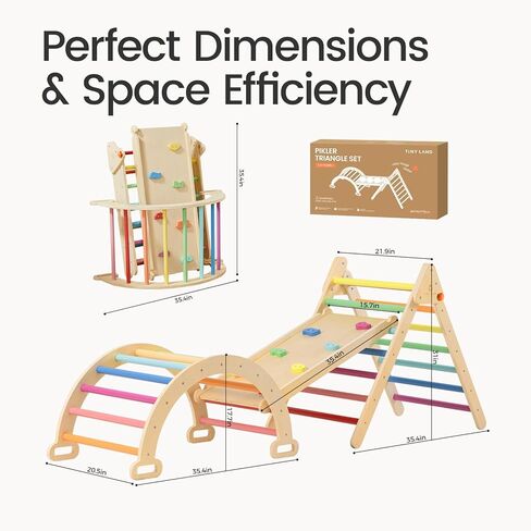 Tiny Land Pikler Triangle Set, 7-in-1 Foldable Pikler Triangle Climbing Toys Set for Kids,Baby Indoor Playground Jungle Gym, Wooden Montessori Climbing Set for Toddler (Rainbow) in Saudi Arabia