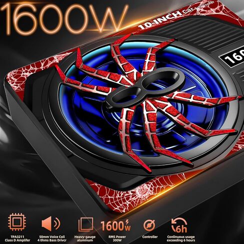 مكبرات صوت نحيفة مقاس 10 بوصات بقدرة 1600 وات مزودة بمضخم صوت مدمج | إضاءة محيطة LED، وجهير عميق، وأدوات تحكم فردية (LPF/Gain/Bass Boost)، صوت عالي الإخراج خالٍ من التشوه، مناسب لجميع موديلات المركبات in Kuwait