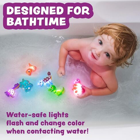 ألعاب الاستحمام المضيئة على شكل ديناصور من Tub Works® Dinos™، 6 عبوات | ألعاب مضيئة تعمل بالماء فلاش وتغيير اللون | ألعاب استحمام للأطفال والرضع سهلة الإمساك | ألعاب حوض الاستحمام الحسية المقاومة للماء in Kuwait