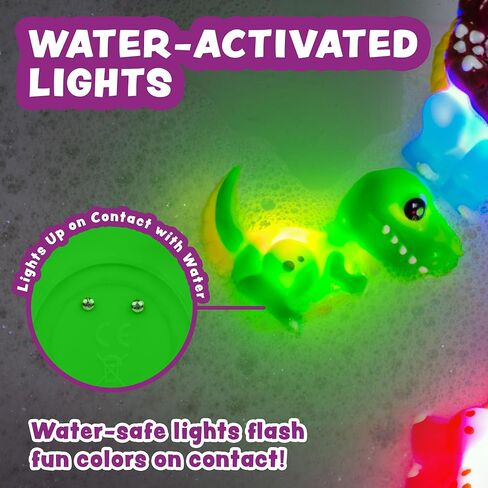 ألعاب الاستحمام المضيئة على شكل ديناصور من Tub Works® Dinos™، 6 عبوات | ألعاب مضيئة تعمل بالماء فلاش وتغيير اللون | ألعاب استحمام للأطفال والرضع سهلة الإمساك | ألعاب حوض الاستحمام الحسية المقاومة للماء in Kuwait
