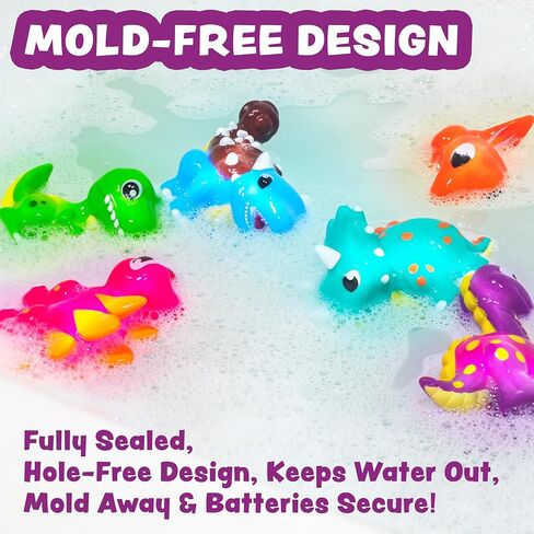ألعاب الاستحمام المضيئة على شكل ديناصور من Tub Works® Dinos™، 6 عبوات | ألعاب مضيئة تعمل بالماء فلاش وتغيير اللون | ألعاب استحمام للأطفال والرضع سهلة الإمساك | ألعاب حوض الاستحمام الحسية المقاومة للماء in Kuwait